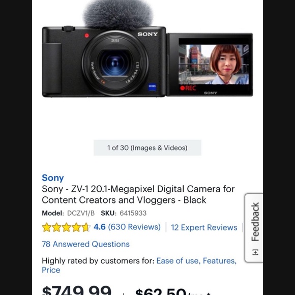 Sony - ZV-1 20.1-Megapixel Digital Camera for Content Creators and Vloggers - Bl - Picture 1 of 5